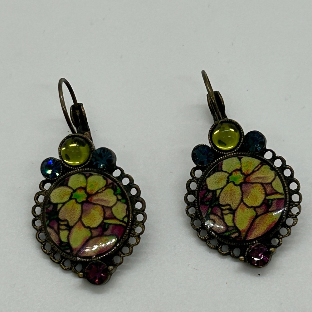 Pierced Earrings Antique Brass with Jewels